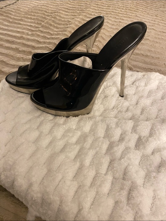 Gucci Shoes - NWOT, Gucci Black Patent Platform Mule with Silver Stiletto with Gucci Shoe Bag